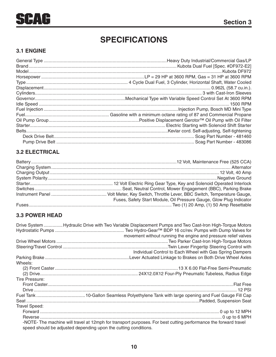 Specifications, 1 engine, 2 electrical | 3 power head, Section 3, 1 engine 3.2 electrical 3.3 power head | Scag Power Equipment TURF TIGER STT61V-31KB-DF User Manual | Page 14 / 76