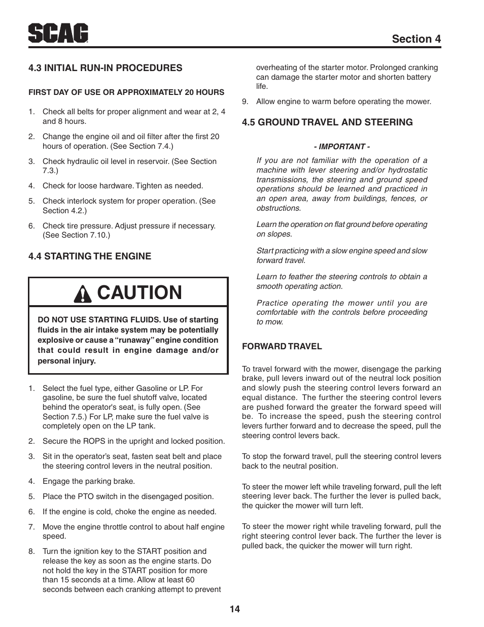 3 initial run-in procedures, 4 starting the engine, 5 ground travel and steering | Caution | Scag Power Equipment TURF TIGER STT61V-31KB-DF User Manual | Page 18 / 76