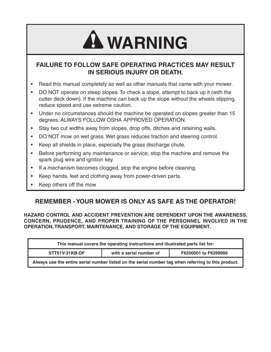 Warning | Scag Power Equipment TURF TIGER STT61V-31KB-DF User Manual | Page 2 / 76