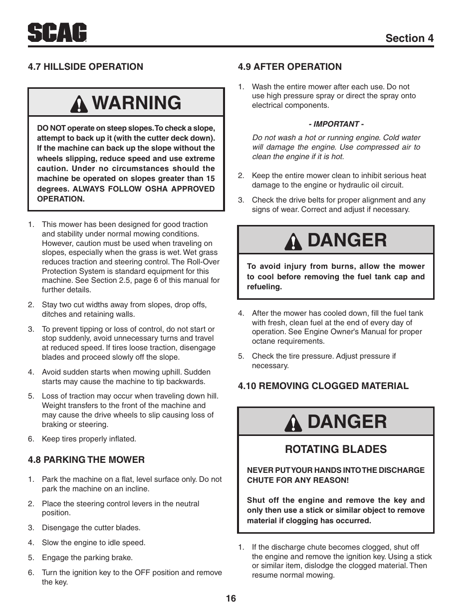 7 hillside operation, 8 parking the mower, 9 after operation | 10 removing clogged material, Warning, Danger, Rotating blades | Scag Power Equipment TURF TIGER STT61V-31KB-DF User Manual | Page 20 / 76