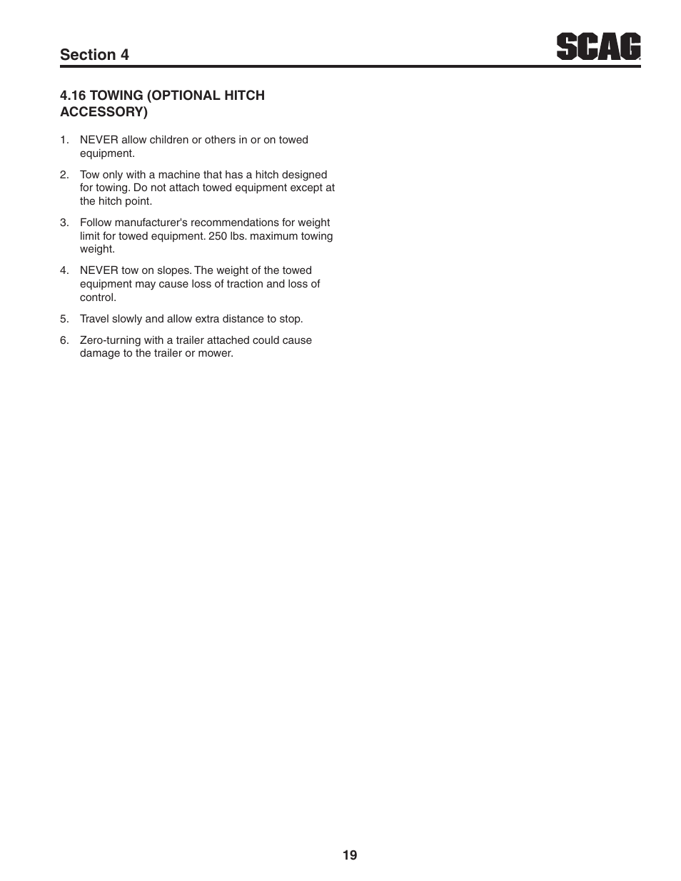 16 towing (optional hitch accessory) | Scag Power Equipment TURF TIGER STT61V-31KB-DF User Manual | Page 23 / 76