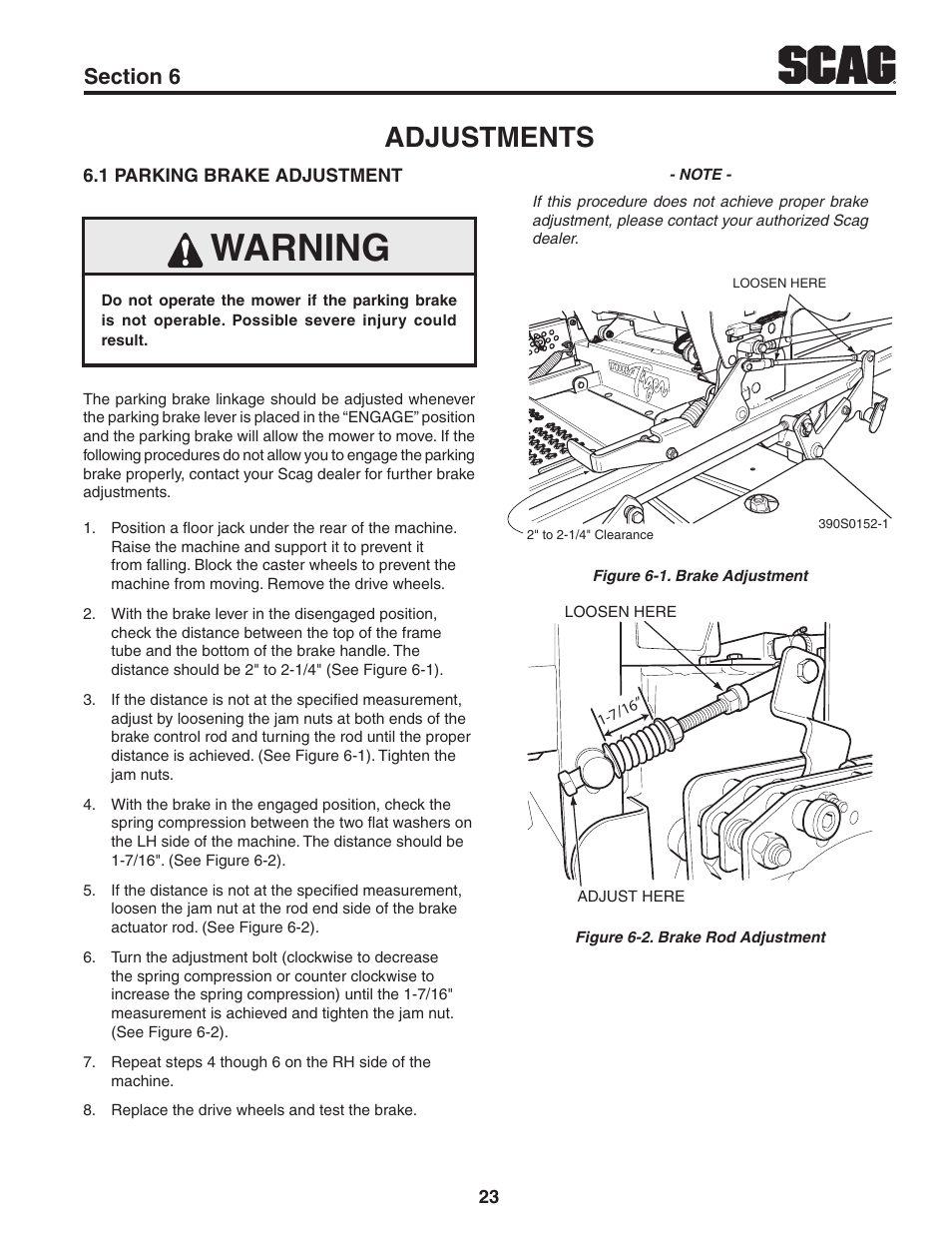 Adjustments, 1 parking brake adjustment, Section 6 | Warning | Scag Power Equipment TURF TIGER STT61V-31KB-DF User Manual | Page 27 / 76