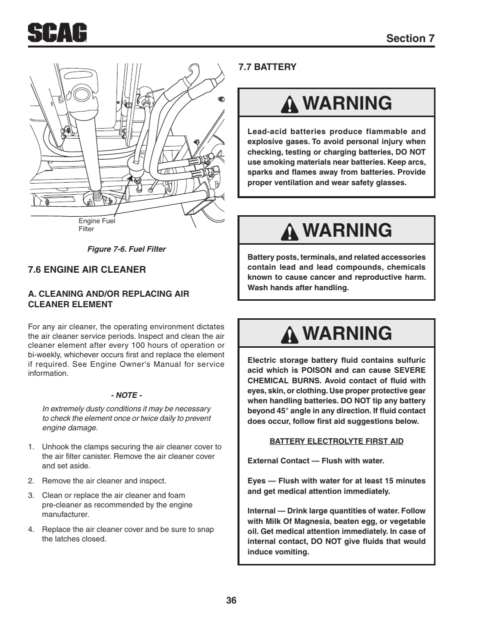 6 engine air cleaner, 7 battery, 6 engine air cleaner 7.7 battery | Warning | Scag Power Equipment TURF TIGER STT61V-31KB-DF User Manual | Page 40 / 76