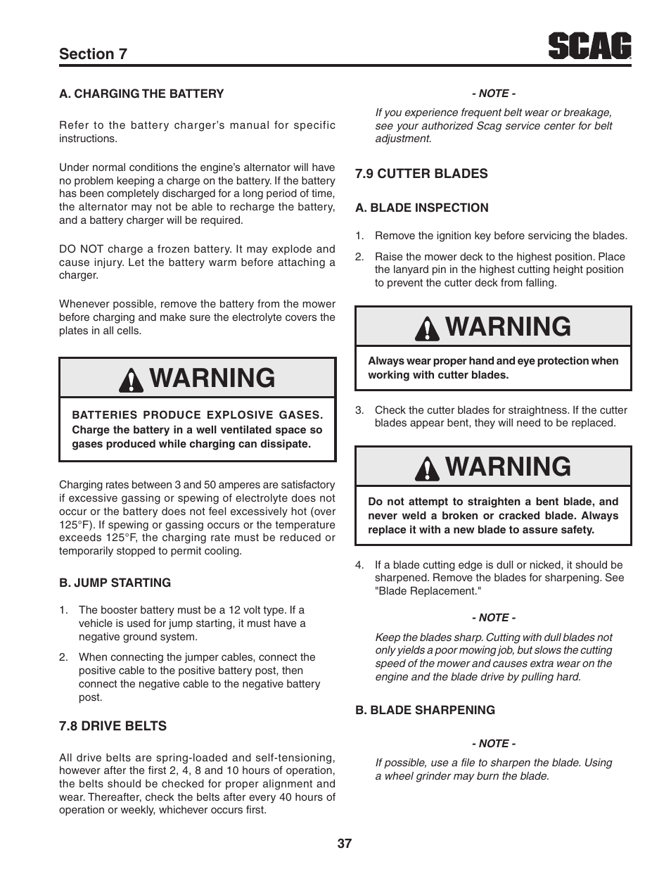 8 drive belts, 9 cutter blades, 8 drive belts 7.9 cutter blades | Warning | Scag Power Equipment TURF TIGER STT61V-31KB-DF User Manual | Page 41 / 76