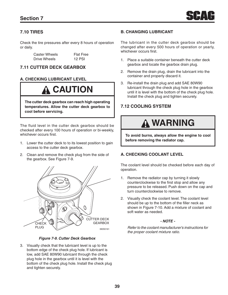 10 tires, 11 cutter deck gearbox, 12 cooling system | Caution, Warning | Scag Power Equipment TURF TIGER STT61V-31KB-DF User Manual | Page 43 / 76