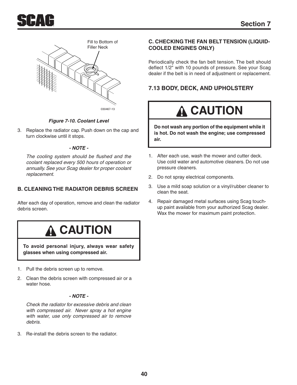 13 body, deck, and upholstery, Caution | Scag Power Equipment TURF TIGER STT61V-31KB-DF User Manual | Page 44 / 76