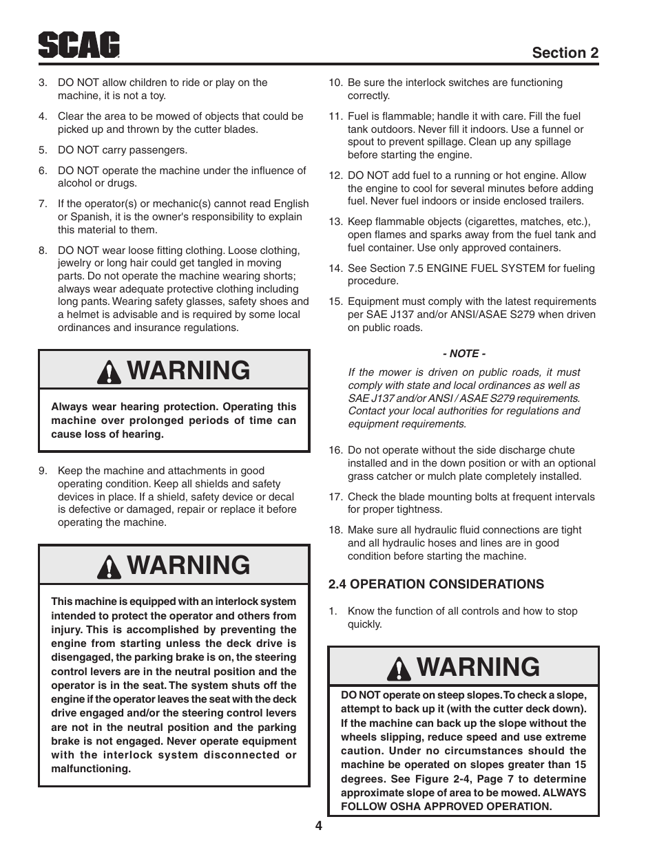 4 operation considerations, Warning | Scag Power Equipment TURF TIGER STT61V-31KB-DF User Manual | Page 8 / 76