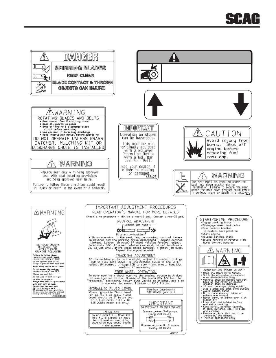 7 safety and instructional decals, Warning | Scag Power Equipment STT61V-25KBD-SS User Manual | Page 13 / 114