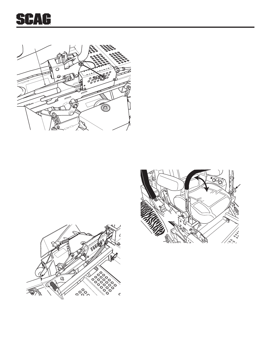14 adjusting the height adjust pedal, 15 adjusting the steering levers, Adjusting the height adjust 4.14 pedal | Adjusting the steering levers 4.15, Deck release lever figure 4-6, Height adjust pedal locations figure 4-7, Adjusting steering levers figure 4-8 | Scag Power Equipment STT61V-25KBD-SS User Manual | Page 22 / 114