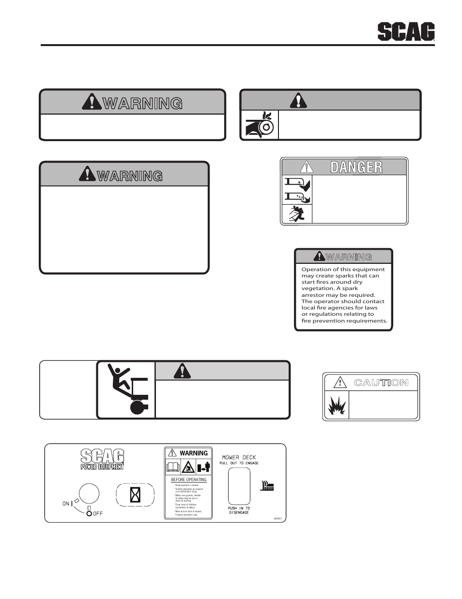 7 safety and instructional decals, Warning, Safety and instructional decals 2.7 | Caution, Install belt cover before operating machine, Spinning blades | Scag Power Equipment SFW36-16BV User Manual | Page 11 / 48