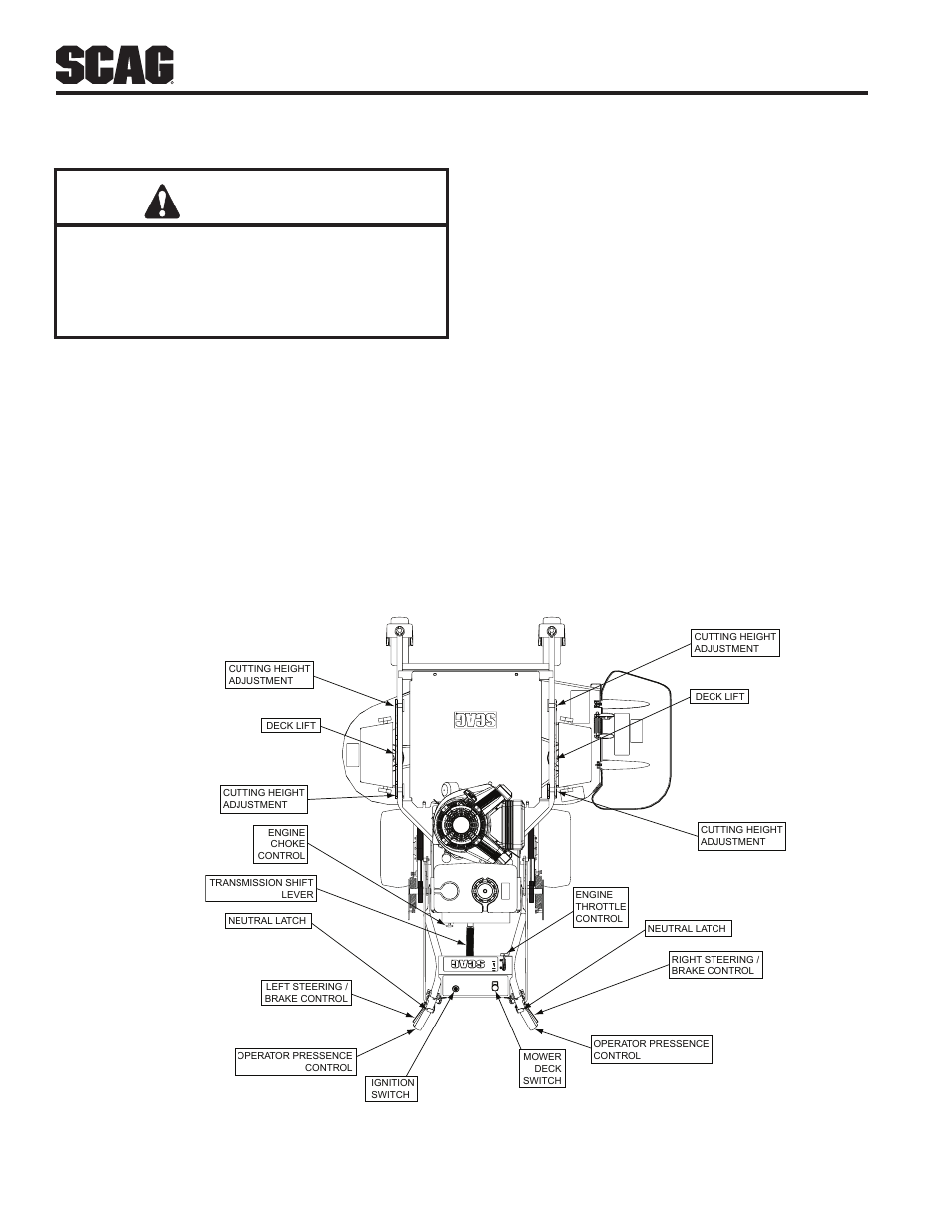 Operating instructions, Section 4, 1 controls and instrument identification | Caution, Controls and instrument 4.1 identification | Scag Power Equipment SFW36-16BV User Manual | Page 14 / 48