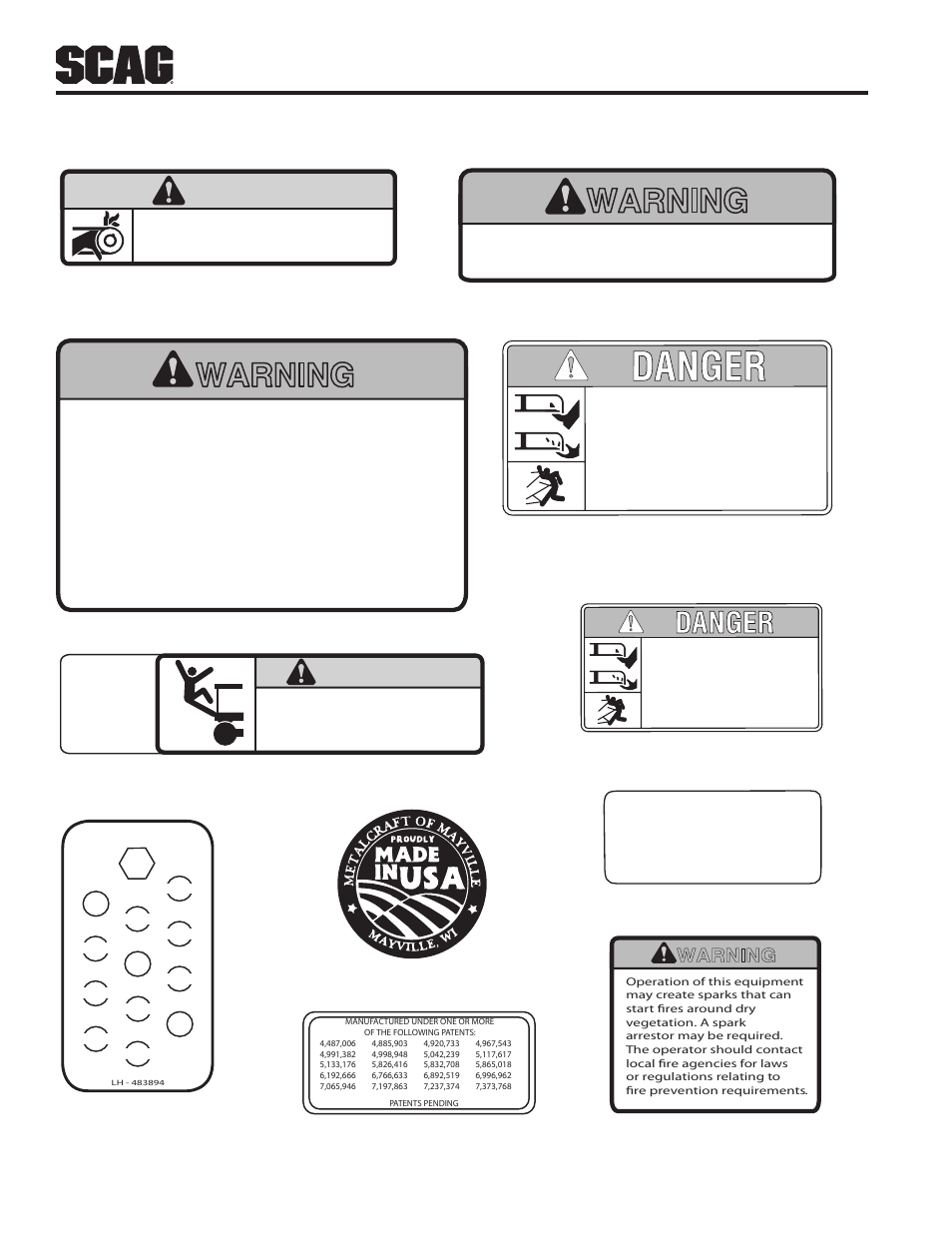 Replacement decals and information plates, Heavy-duty commercial, Warning | Spinning blades | Scag Power Equipment SFW36-16BV User Manual | Page 44 / 48