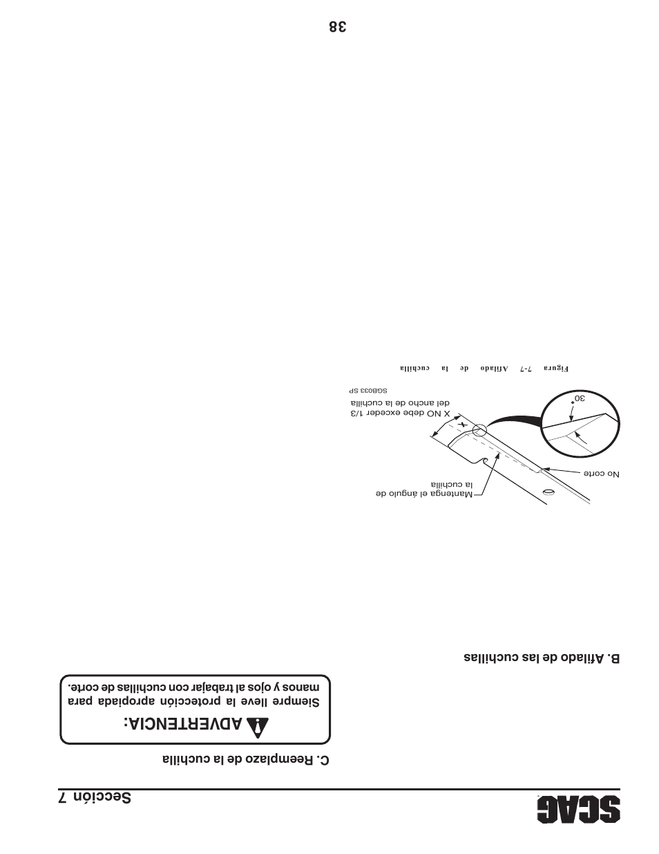 Adver tencia, Sección 7 38 | Scag Power Equipment FREEDOM Z SFZ User Manual | Page 68 / 109