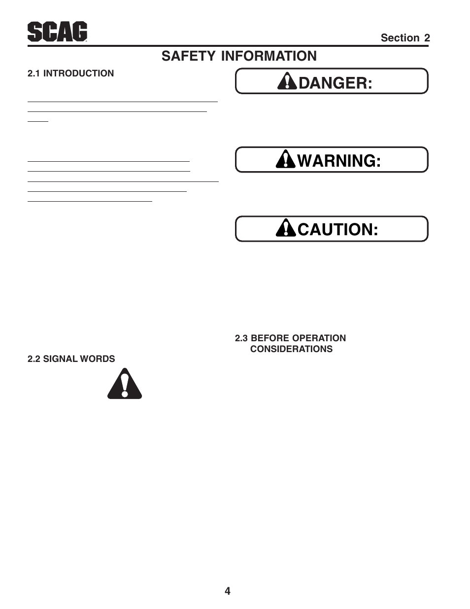 Warning, Caution, Safety information | Scag Power Equipment FREEDOM Z SFZ User Manual | Page 8 / 109