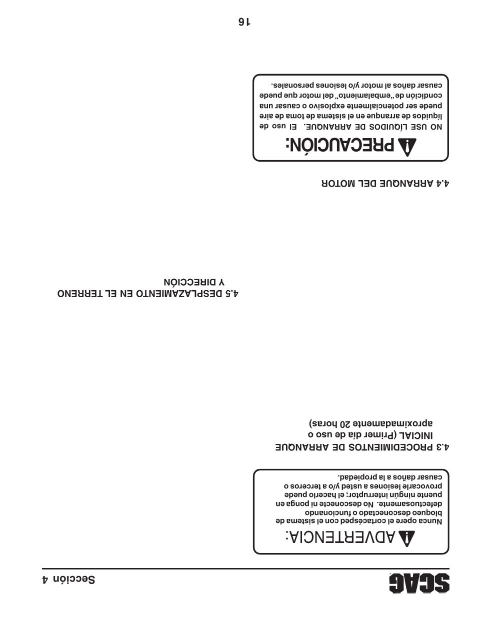Precaución, Sección 4 16 | Scag Power Equipment FREEDOM Z SFZ User Manual | Page 90 / 109