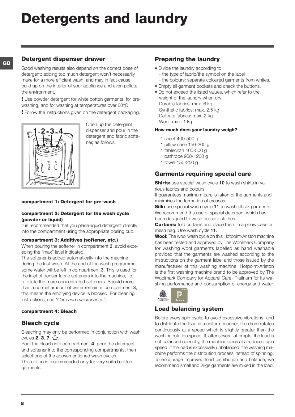 Detergents and laundry | Hotpoint Ariston ARTXF 149 User Manual | Page 8 / 60