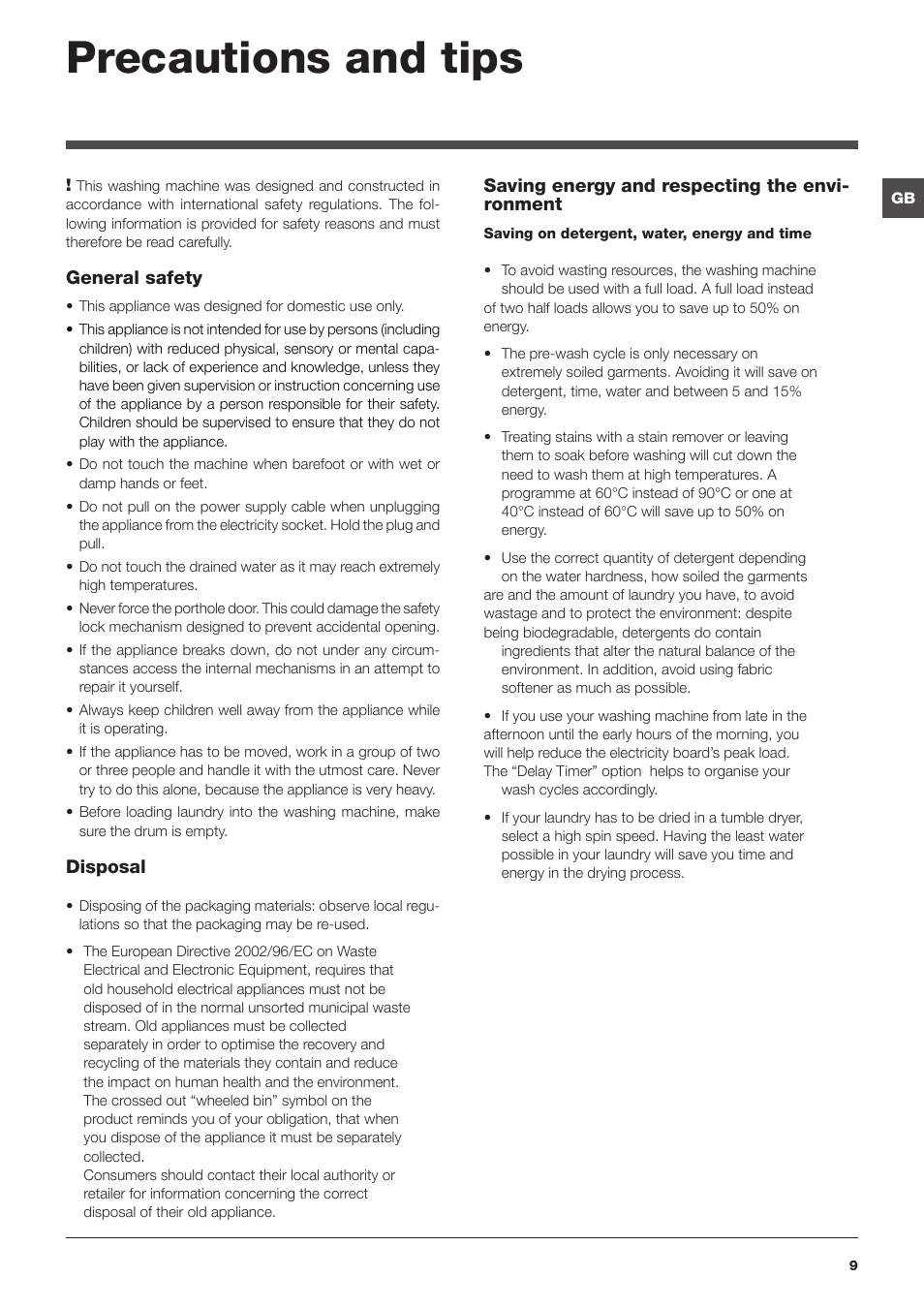 Precautions and tips | Hotpoint Ariston ARTXF 149 User Manual | Page 9 / 60