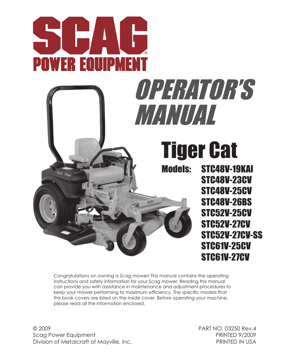 Scag Power Equipment TIGER CAT STC52V-25CV User Manual | 116 pages