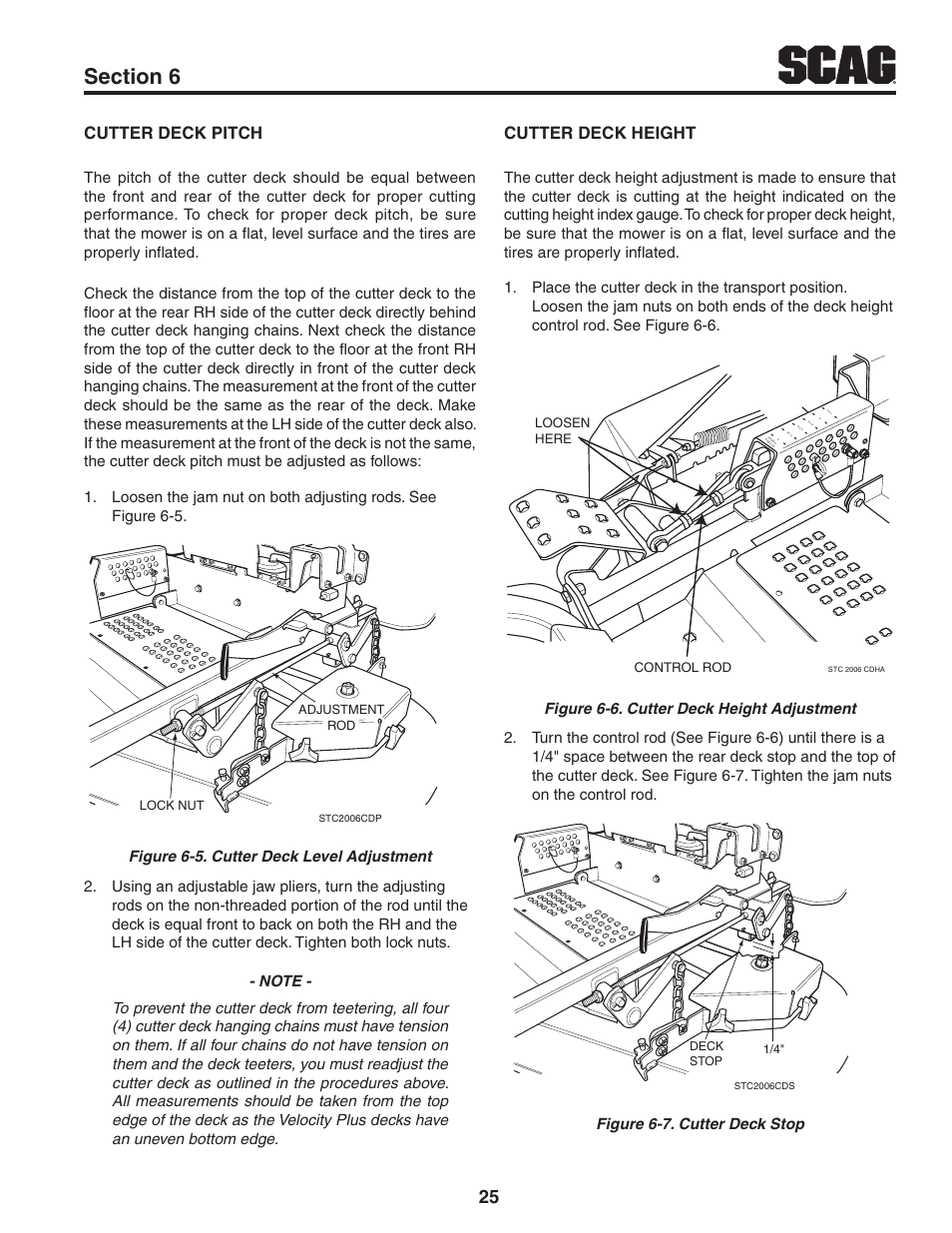 Cutter deck pitch, Cutter deck height | Scag Power Equipment TIGER CAT STC52V-25CV User Manual | Page 29 / 116