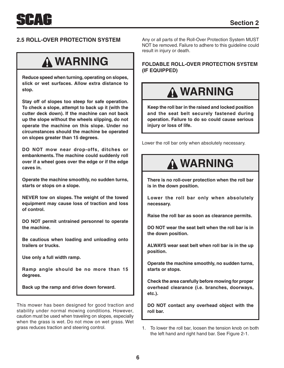 5 roll-over protection system, Warning | Scag Power Equipment TURF TIGER STT-31EFI-SS User Manual | Page 10 / 116