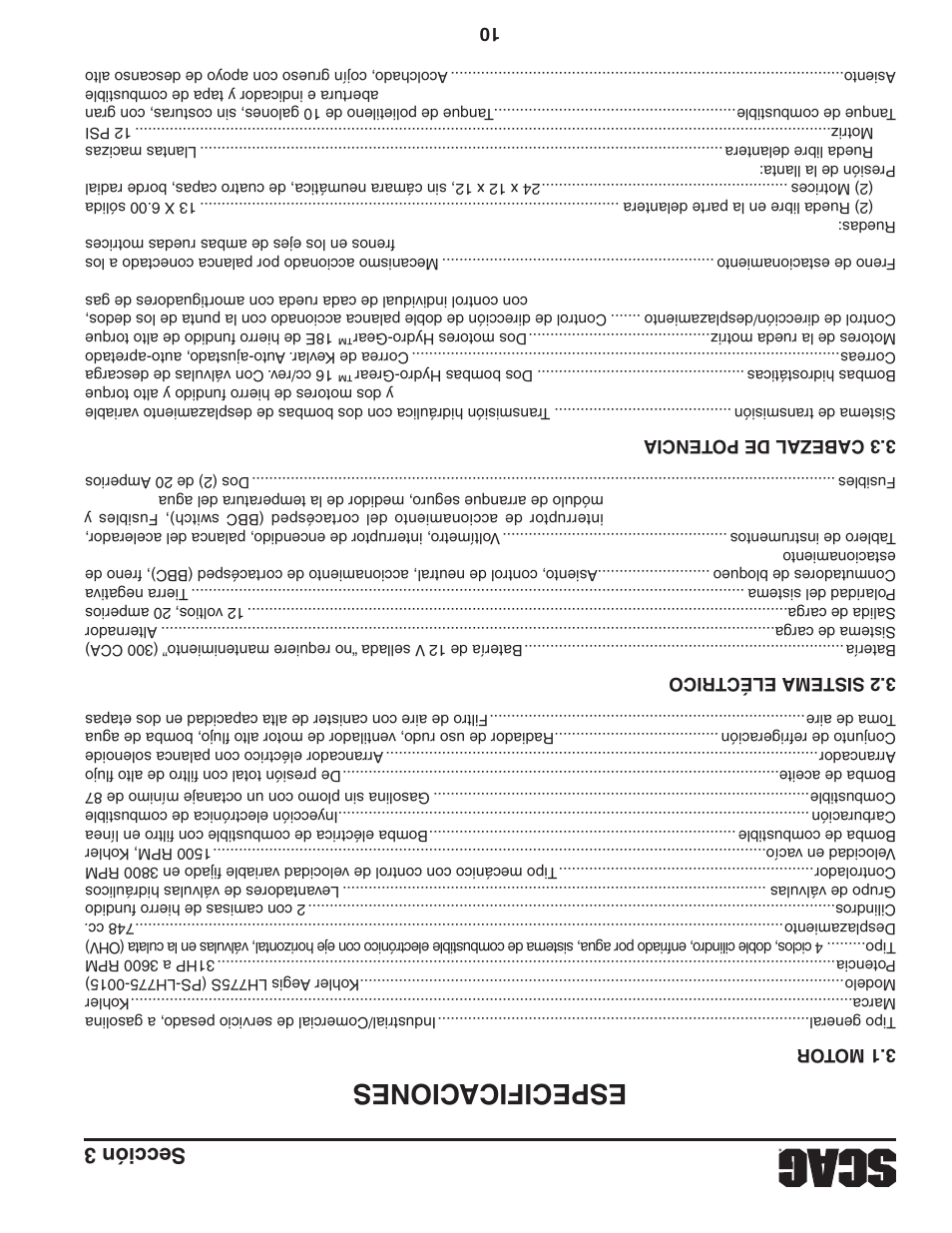Especificaciones, Sección 3 | Scag Power Equipment TURF TIGER STT-31EFI-SS User Manual | Page 103 / 116