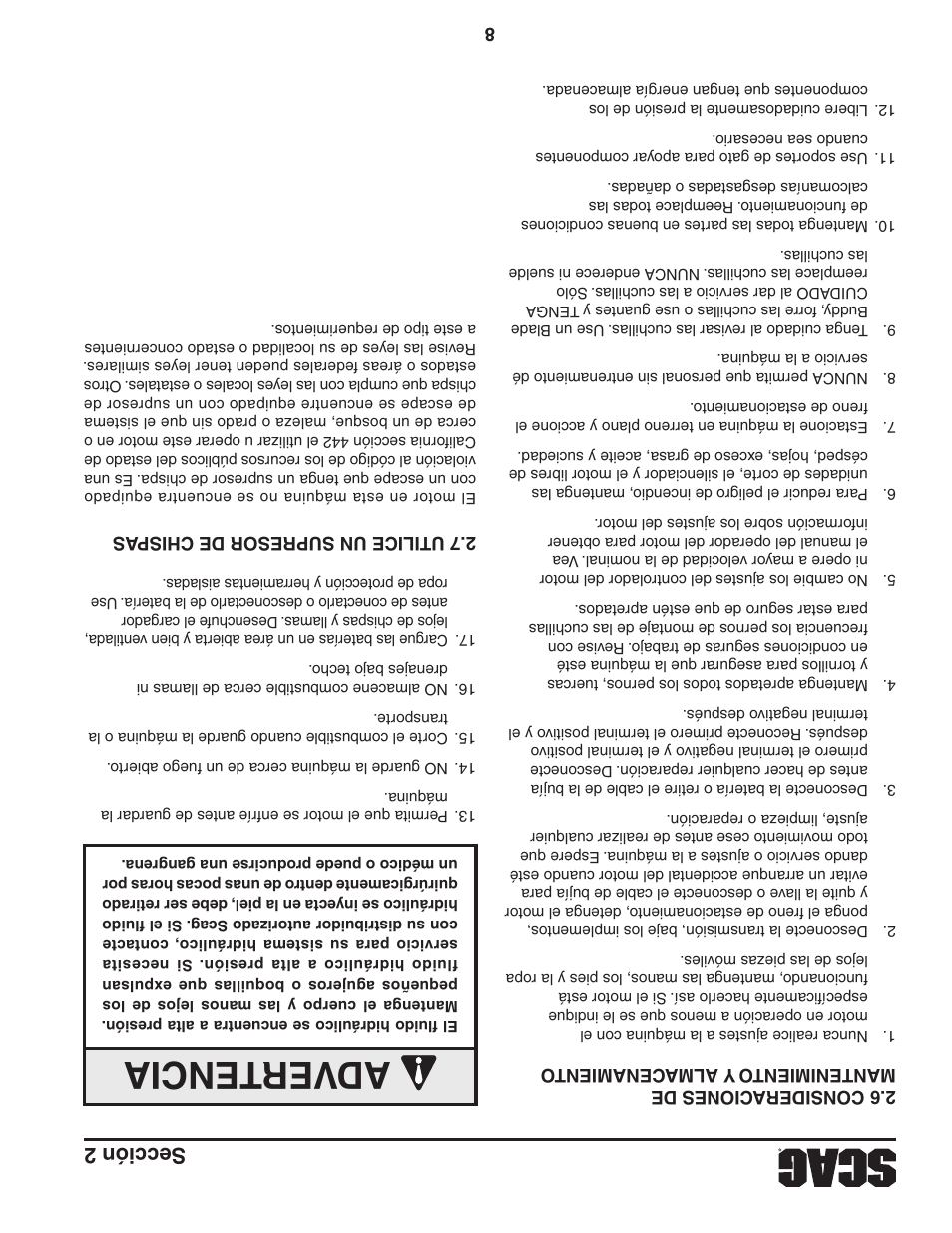 Ad ve rte ncia, Sección 2 | Scag Power Equipment TURF TIGER STT-31EFI-SS User Manual | Page 105 / 116