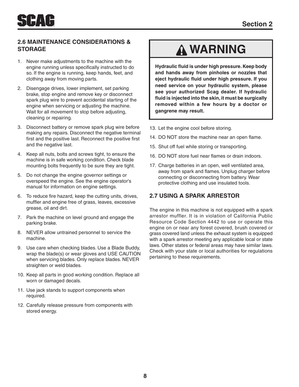 6 maintenance considerations & storage, 7 using a spark arrestor, Warning | Scag Power Equipment TURF TIGER STT-31EFI-SS User Manual | Page 12 / 116