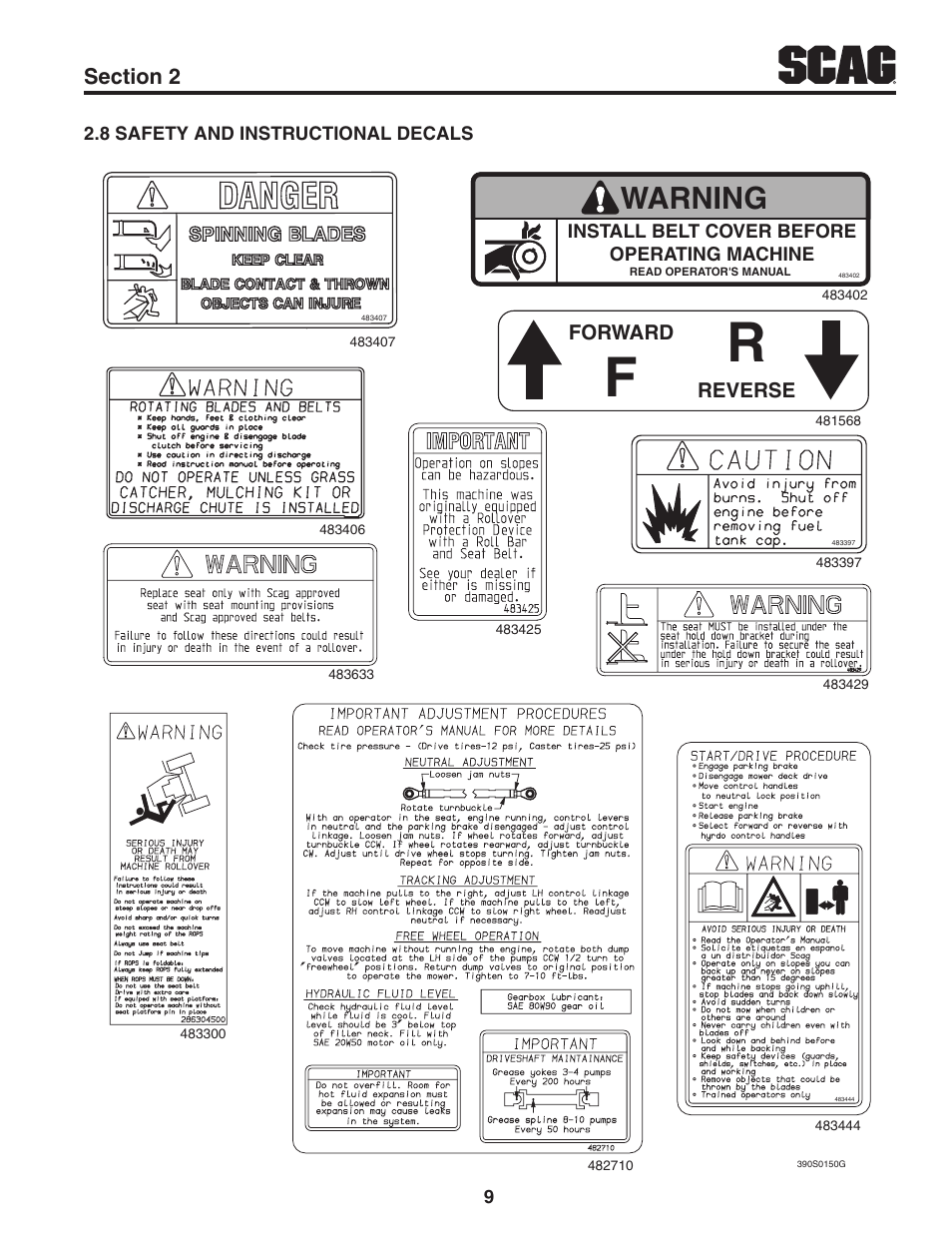 8 safety and instructional decals, Warning | Scag Power Equipment TURF TIGER STT-31EFI-SS User Manual | Page 13 / 116