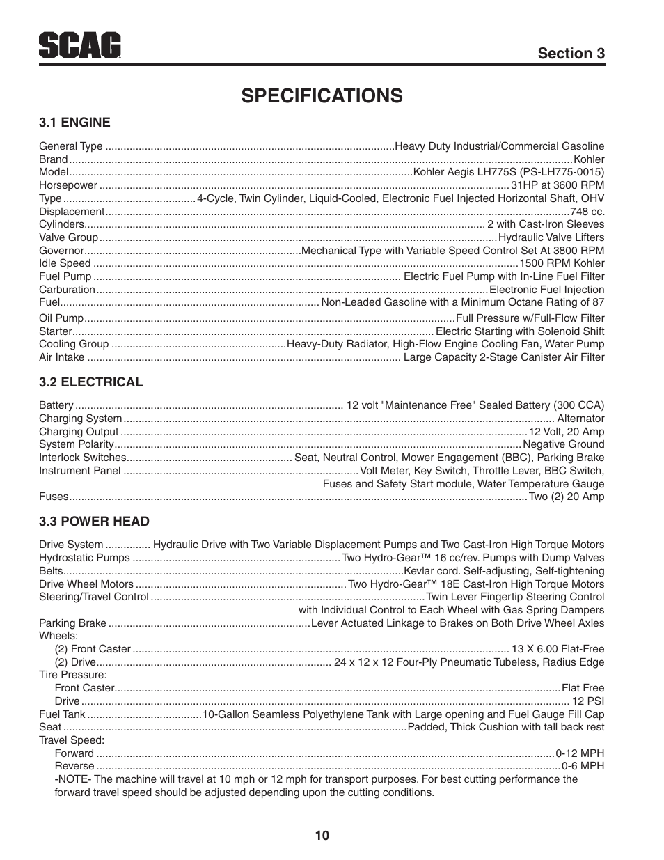 Specifications, 1 engine, 2 electrical | 3 power head, Section 3, 1 engine 3.2 electrical 3.3 power head | Scag Power Equipment TURF TIGER STT-31EFI-SS User Manual | Page 14 / 116