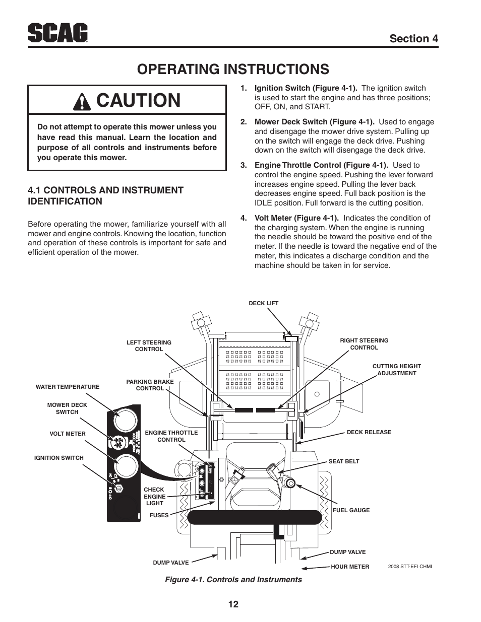 Operating instructions, 1 controls and instrument identification, Section 4 | Caution, Controls and instrument 4.1 identification | Scag Power Equipment TURF TIGER STT-31EFI-SS User Manual | Page 16 / 116