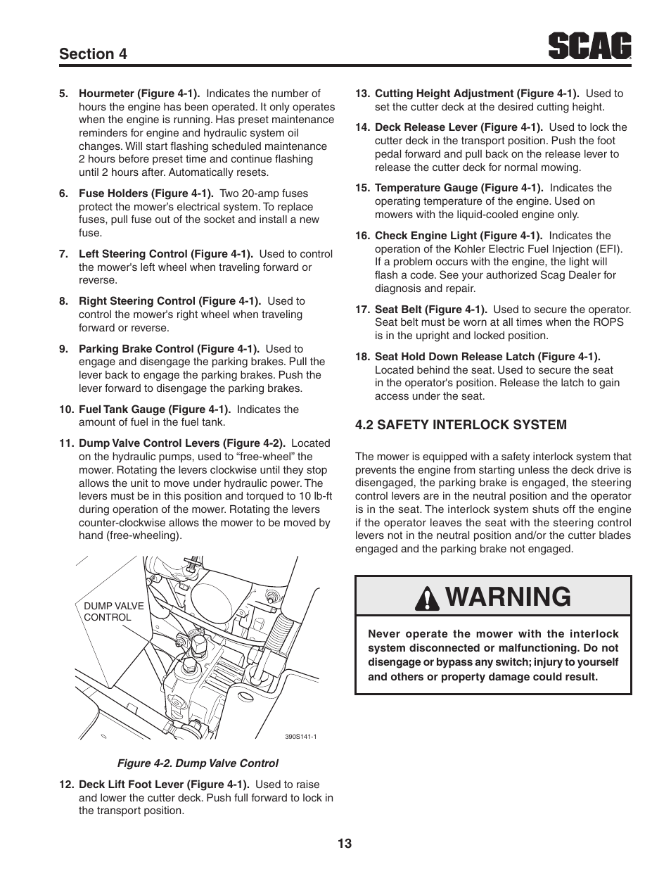 2 safety interlock system, Warning | Scag Power Equipment TURF TIGER STT-31EFI-SS User Manual | Page 17 / 116