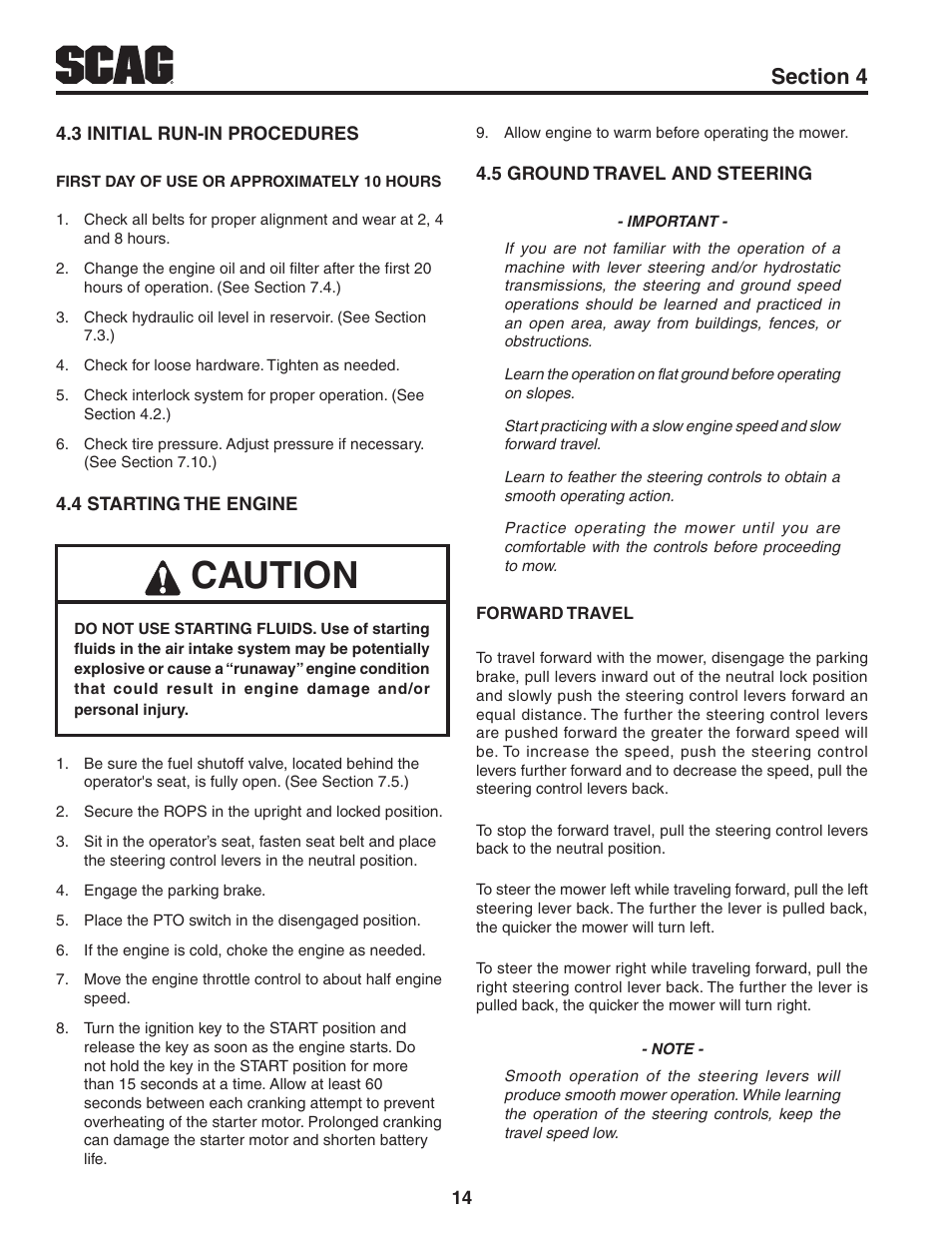 3 initial run-in procedures, 4 starting the engine, 5 ground travel and steering | Caution | Scag Power Equipment TURF TIGER STT-31EFI-SS User Manual | Page 18 / 116