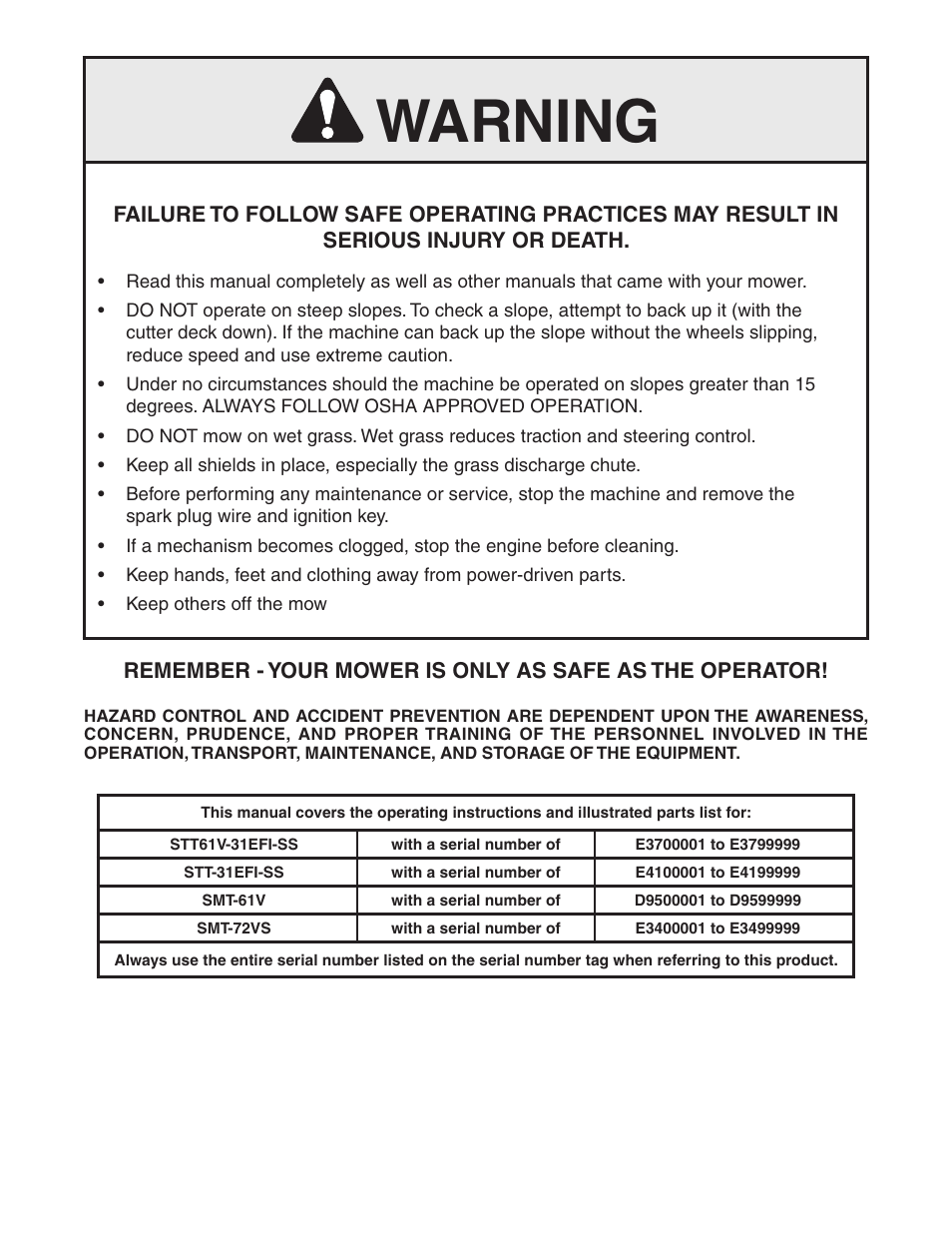 Warning | Scag Power Equipment TURF TIGER STT-31EFI-SS User Manual | Page 2 / 116