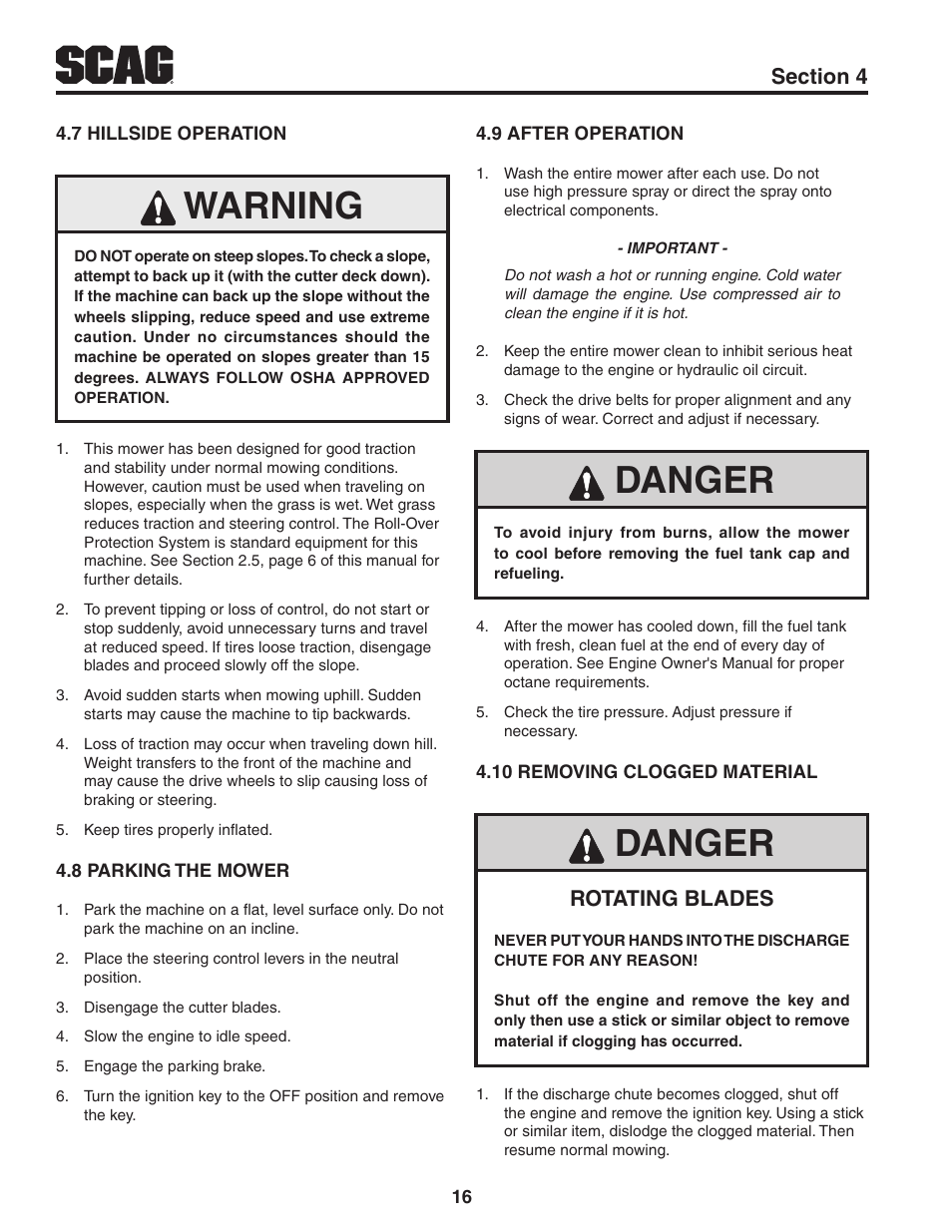 7 hillside operation, 8 parking the mower, 9 after operation | 10 removing clogged material, Warning, Danger, Rotating blades | Scag Power Equipment TURF TIGER STT-31EFI-SS User Manual | Page 20 / 116