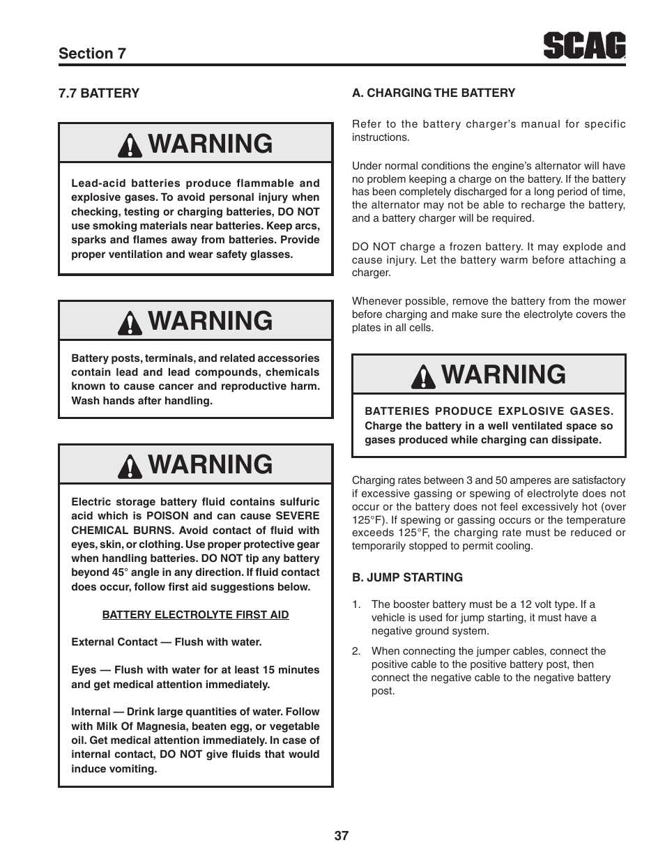 7 battery, Warning | Scag Power Equipment TURF TIGER STT-31EFI-SS User Manual | Page 41 / 116