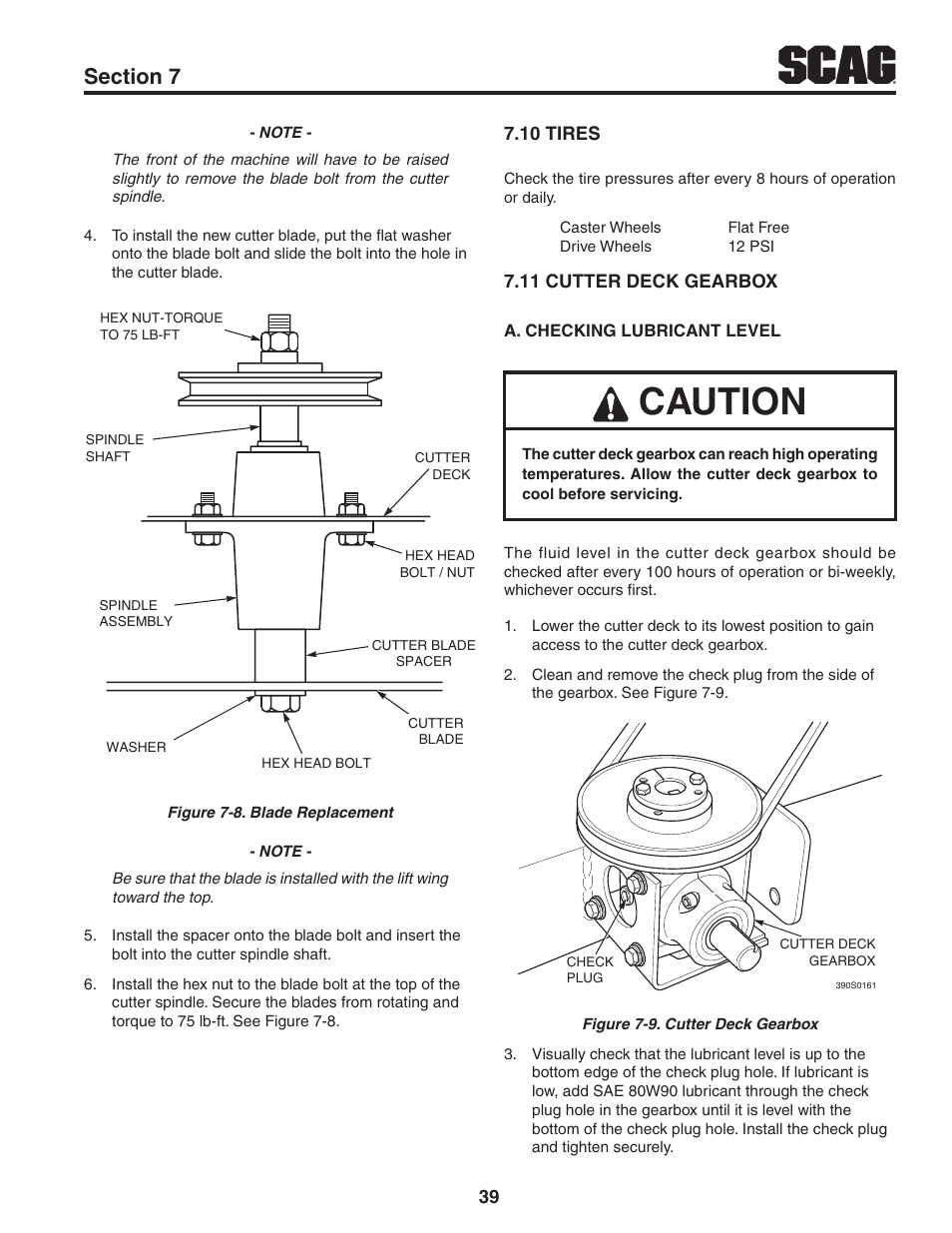 10 tires, 11 cutter deck gearbox, 10 tires 7.11 cutter deck gearbox | Caution | Scag Power Equipment TURF TIGER STT-31EFI-SS User Manual | Page 43 / 116