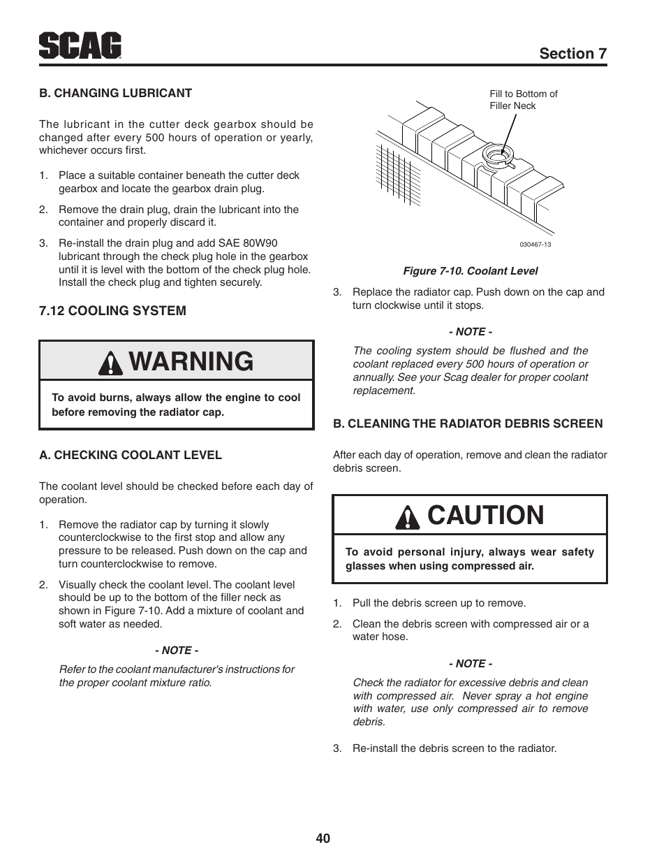 12 cooling system, Warning, Caution | Scag Power Equipment TURF TIGER STT-31EFI-SS User Manual | Page 44 / 116