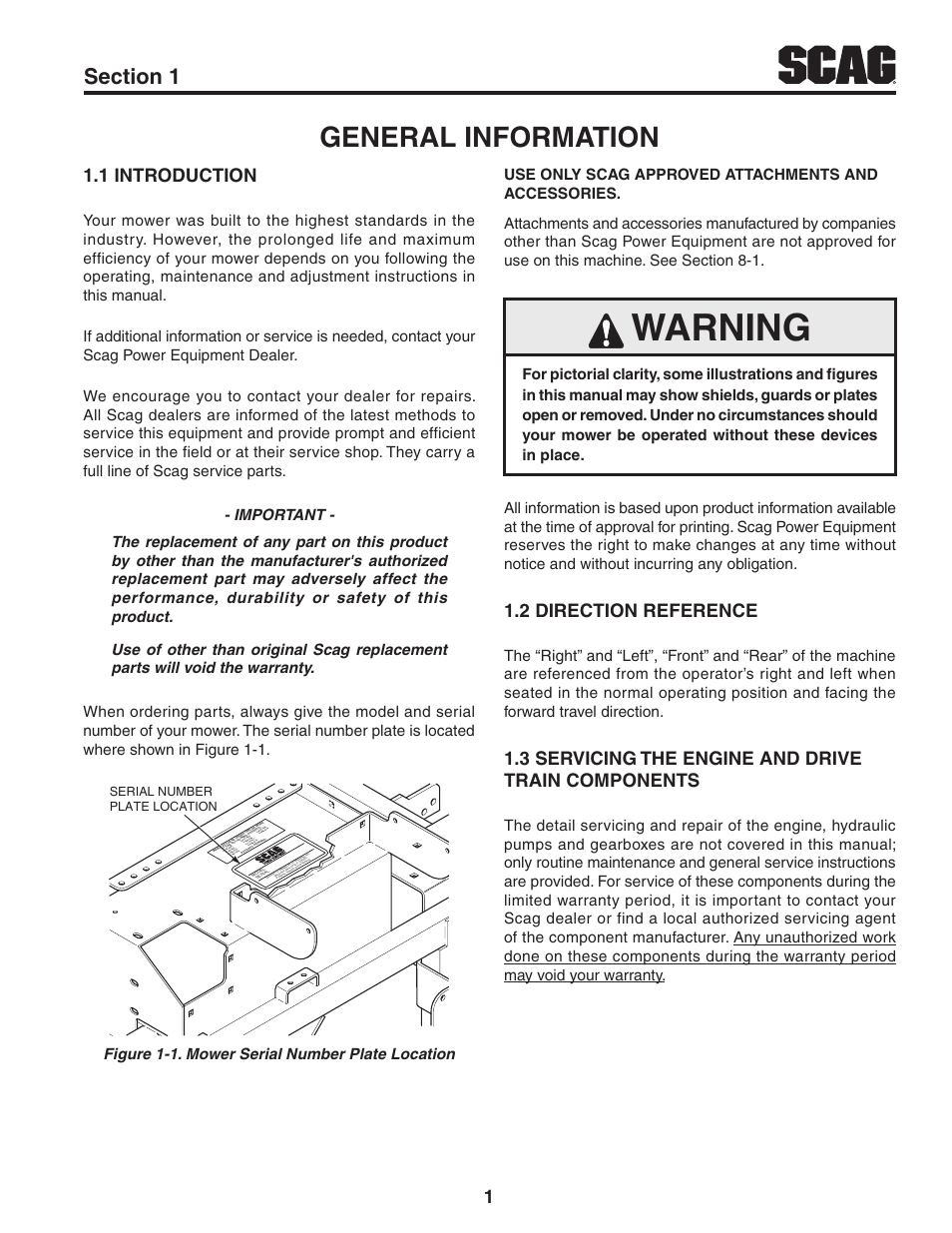General information, 1 introduction, 2 direction reference | 3 servicing the engine and drive train components, Section 1, Warning, Introduction 1.1, Direction reference 1.2, Mower serial number plate location figure 1-1 | Scag Power Equipment TURF TIGER STT-31EFI-SS User Manual | Page 5 / 116