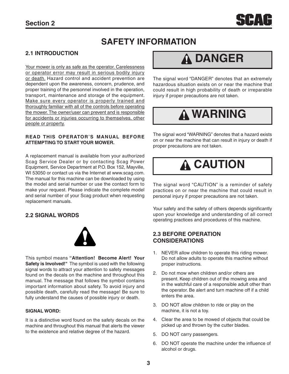 Safety information, 1 introduction, 2 signal words | 3 before operation considerations, Section 2, Danger, Warning, Caution | Scag Power Equipment TURF TIGER STT-31EFI-SS User Manual | Page 7 / 116