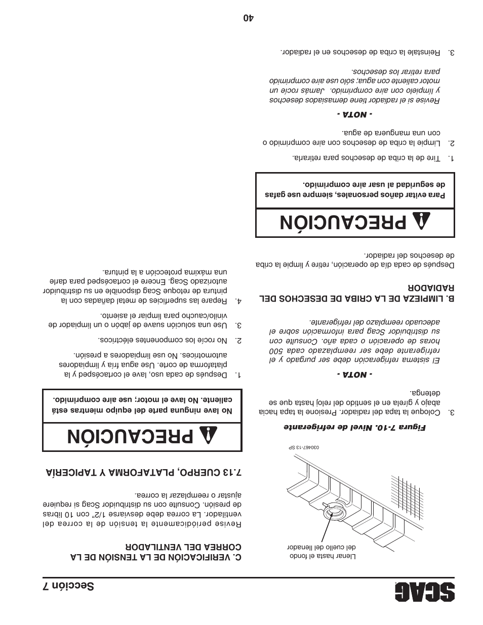 Precau ció n, Sección 7 | Scag Power Equipment TURF TIGER STT-31EFI-SS User Manual | Page 73 / 116