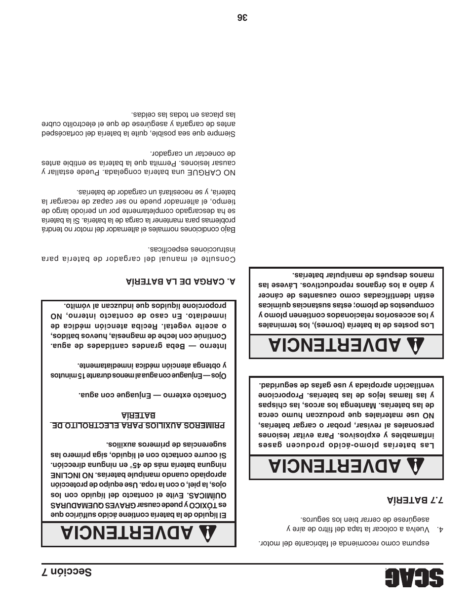 Adver tencia, Sección 7 | Scag Power Equipment TURF TIGER STT-31EFI-SS User Manual | Page 77 / 116