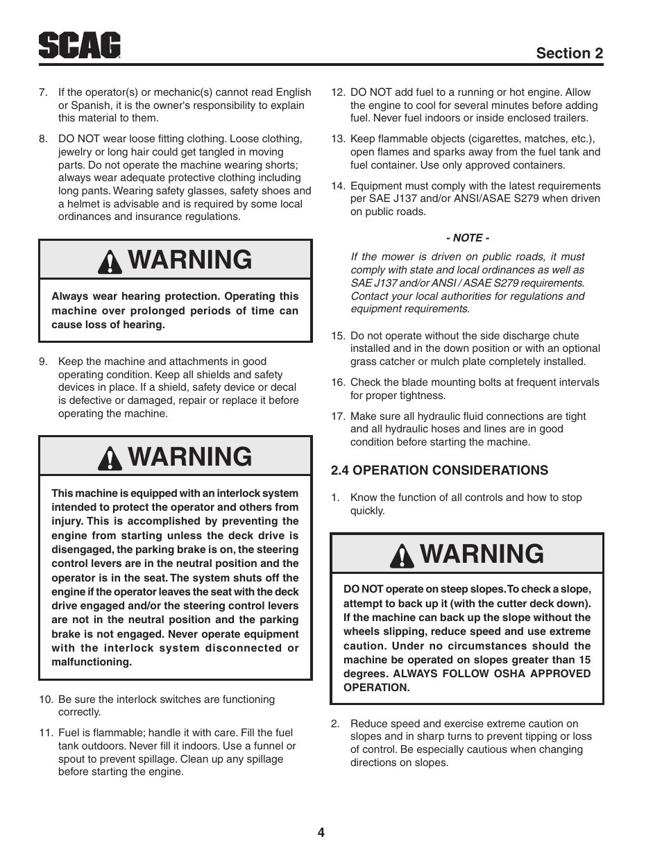 4 operation considerations, Warning | Scag Power Equipment TURF TIGER STT-31EFI-SS User Manual | Page 8 / 116