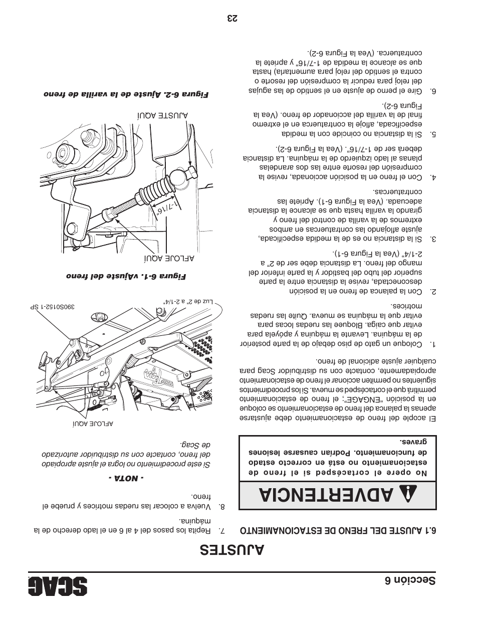 Ad vertenci a, Aju ste s, Sección 6 | Scag Power Equipment TURF TIGER STT-31EFI-SS User Manual | Page 90 / 116