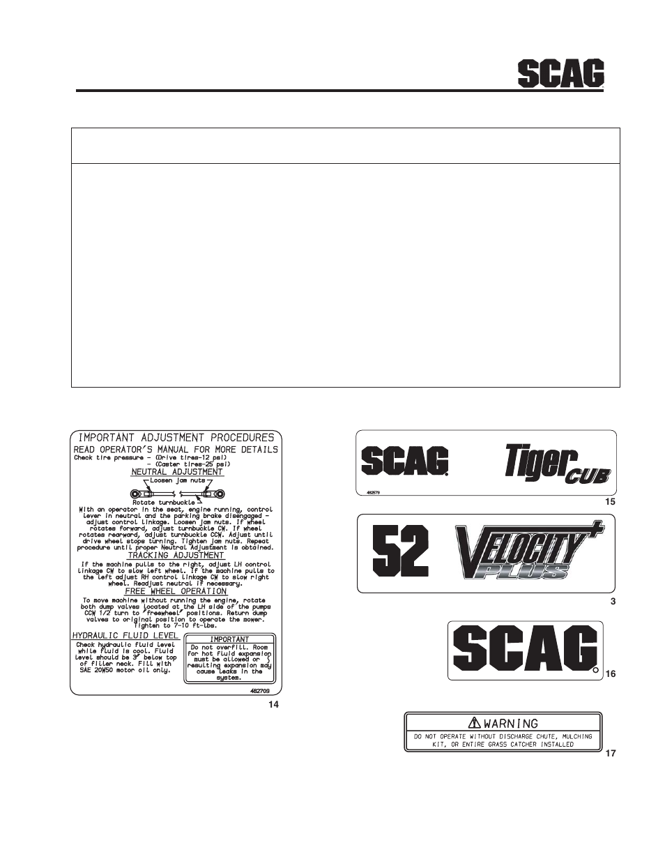 Replacement decals and information plates | Scag Power Equipment STC52V-23BV  EN User Manual | Page 67 / 110