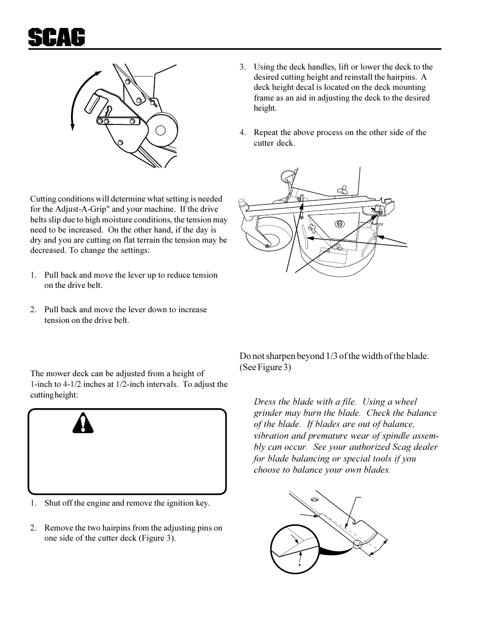 Warning, Adjusting cutting height, Cutter blades | Scag Power Equipment SWU User Manual | Page 12 / 40