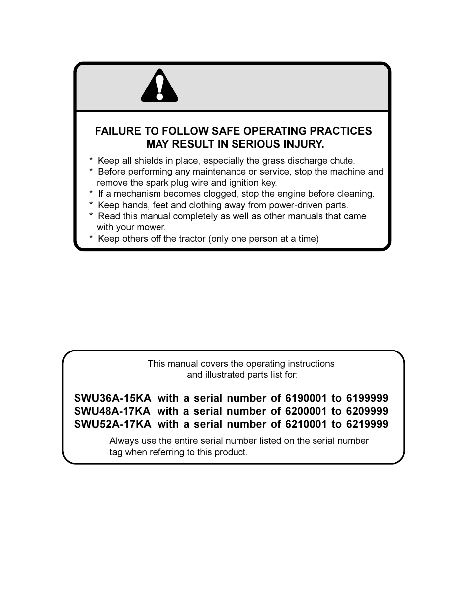 Warning | Scag Power Equipment SWU User Manual | Page 2 / 40