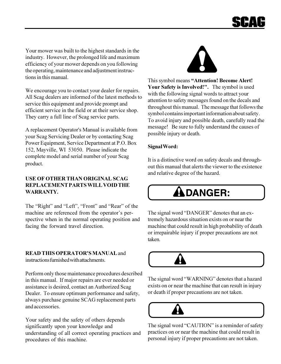 Warning, Caution | Scag Power Equipment SWU User Manual | Page 5 / 40