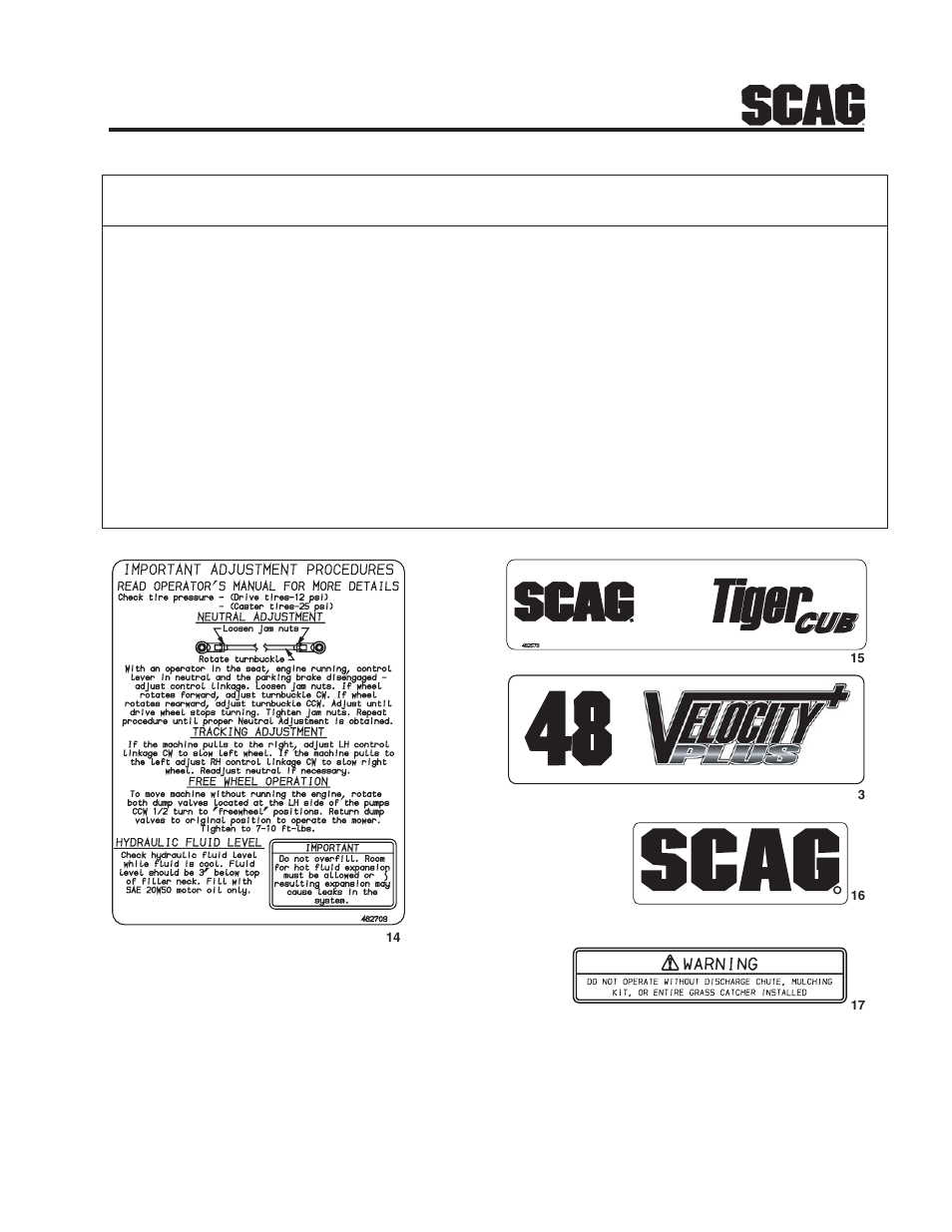 Replacement decals and information plates | Scag Power Equipment STC48V-19KAI  EN User Manual | Page 27 / 28