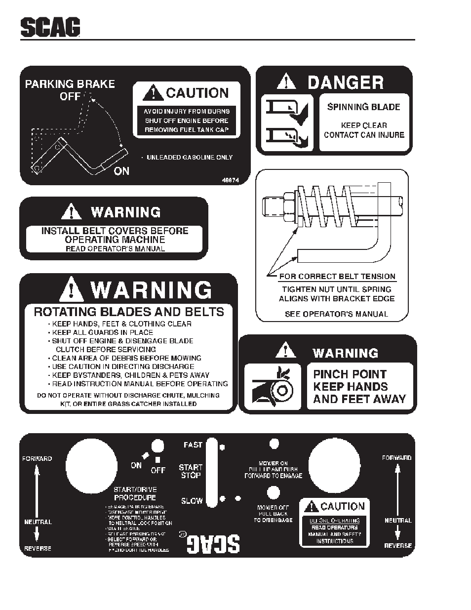 Replacement decals | Scag Power Equipment SSZ User Manual | Page 38 / 41