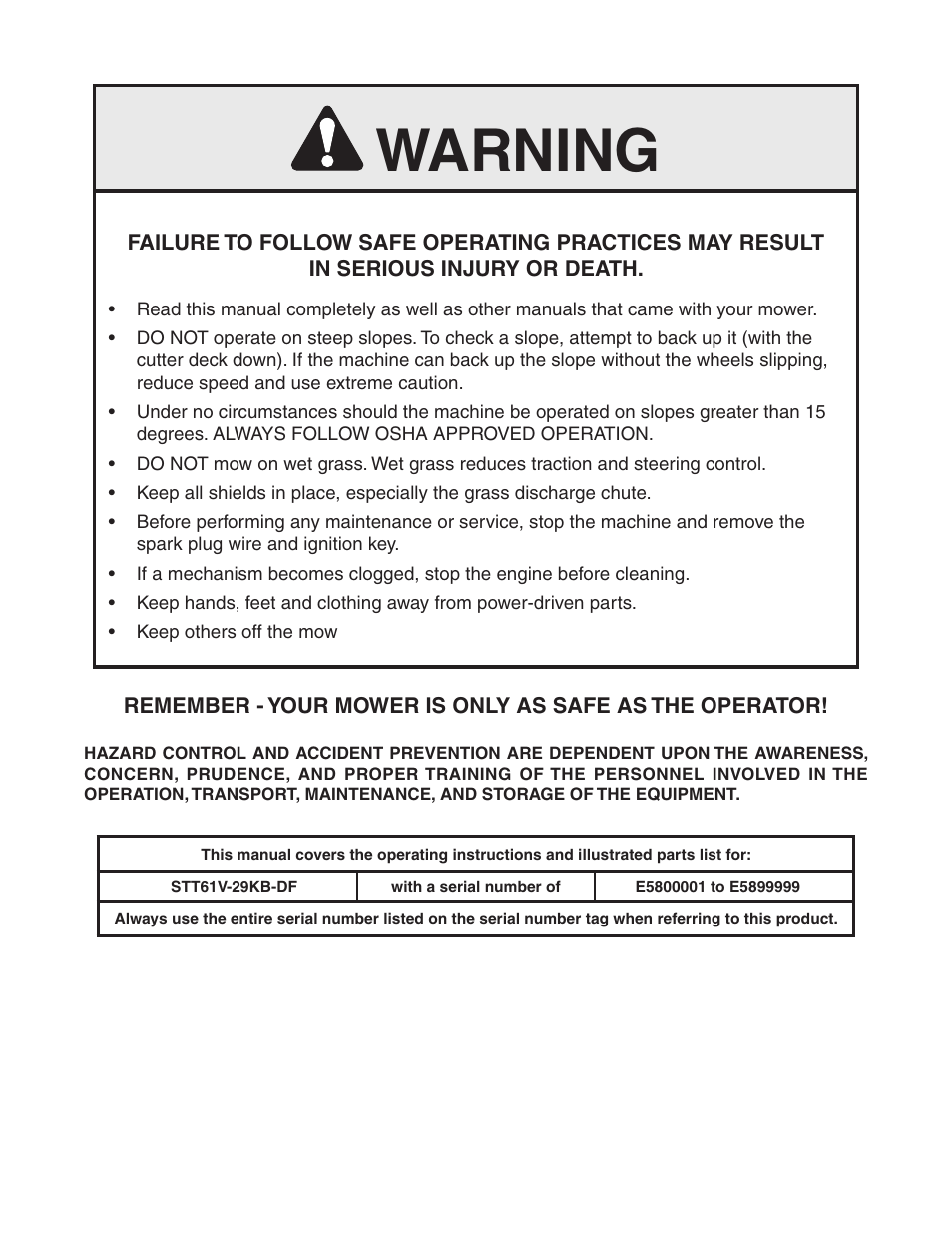 Warning | Scag Power Equipment TURF TIGER STT61V-29KB-DF User Manual | Page 2 / 72